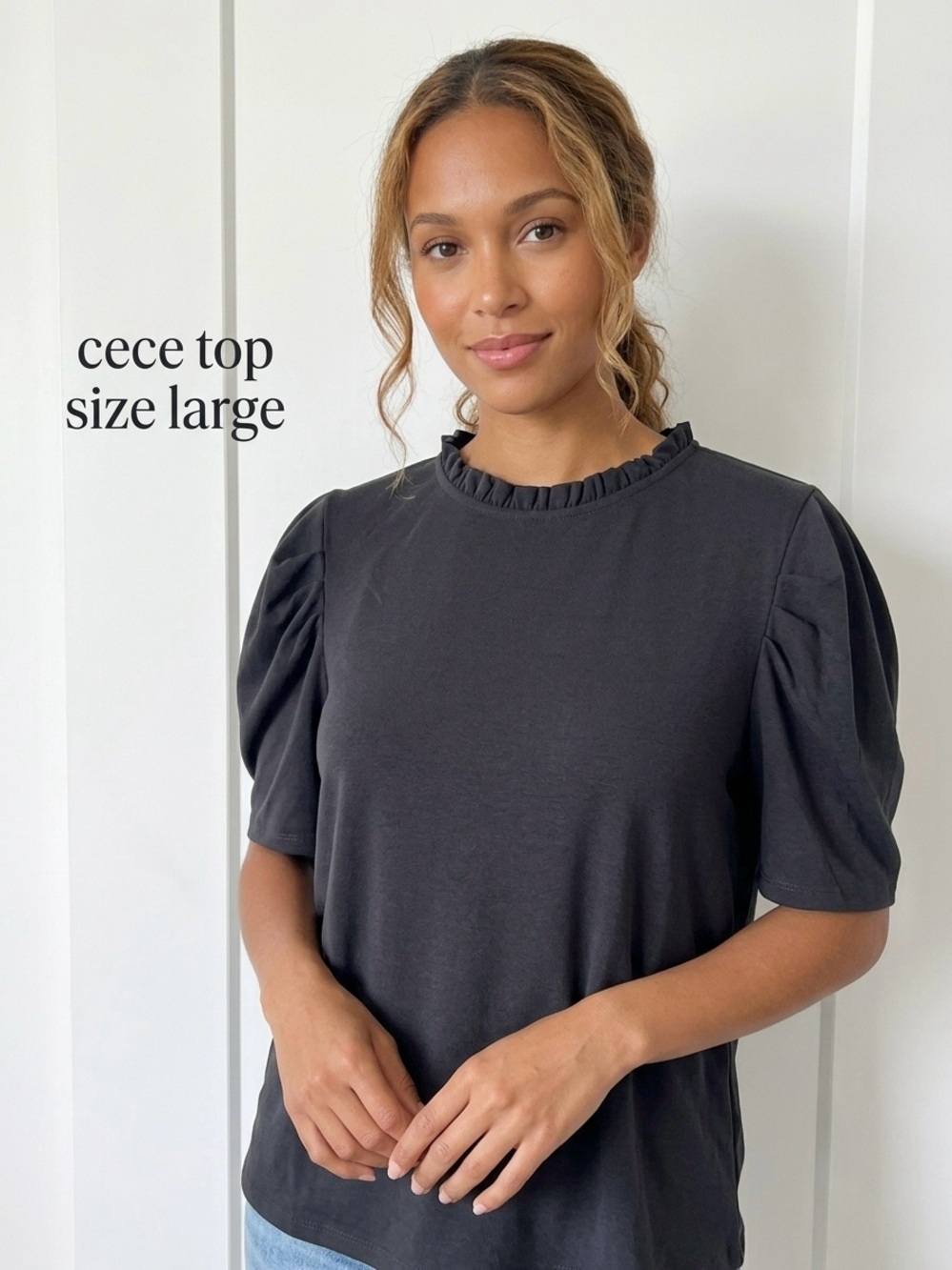 CeCe Black Puff Sleeve Crewneck Top with Ruching